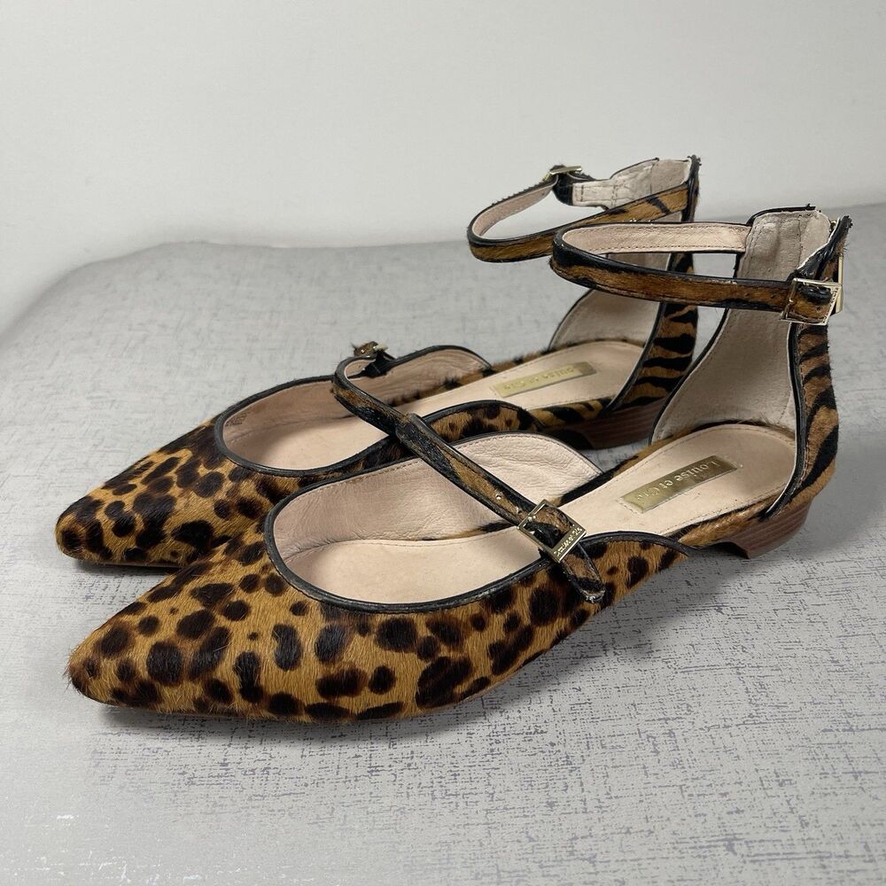 Louise et Cie Leopard Print Ankle Strap Flats - Brown/Black